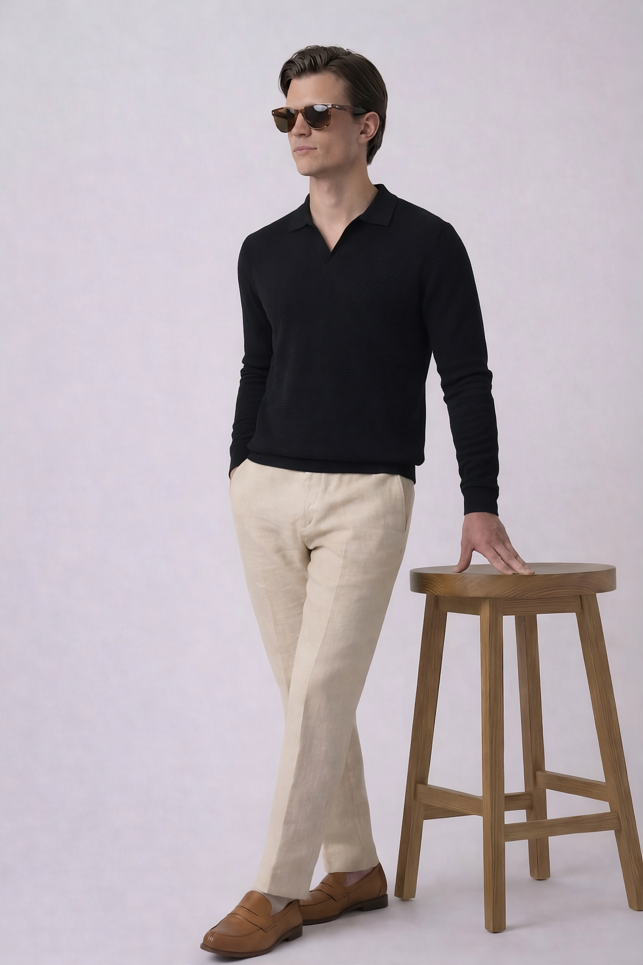 Black Textured Knit Polo by French Cuff