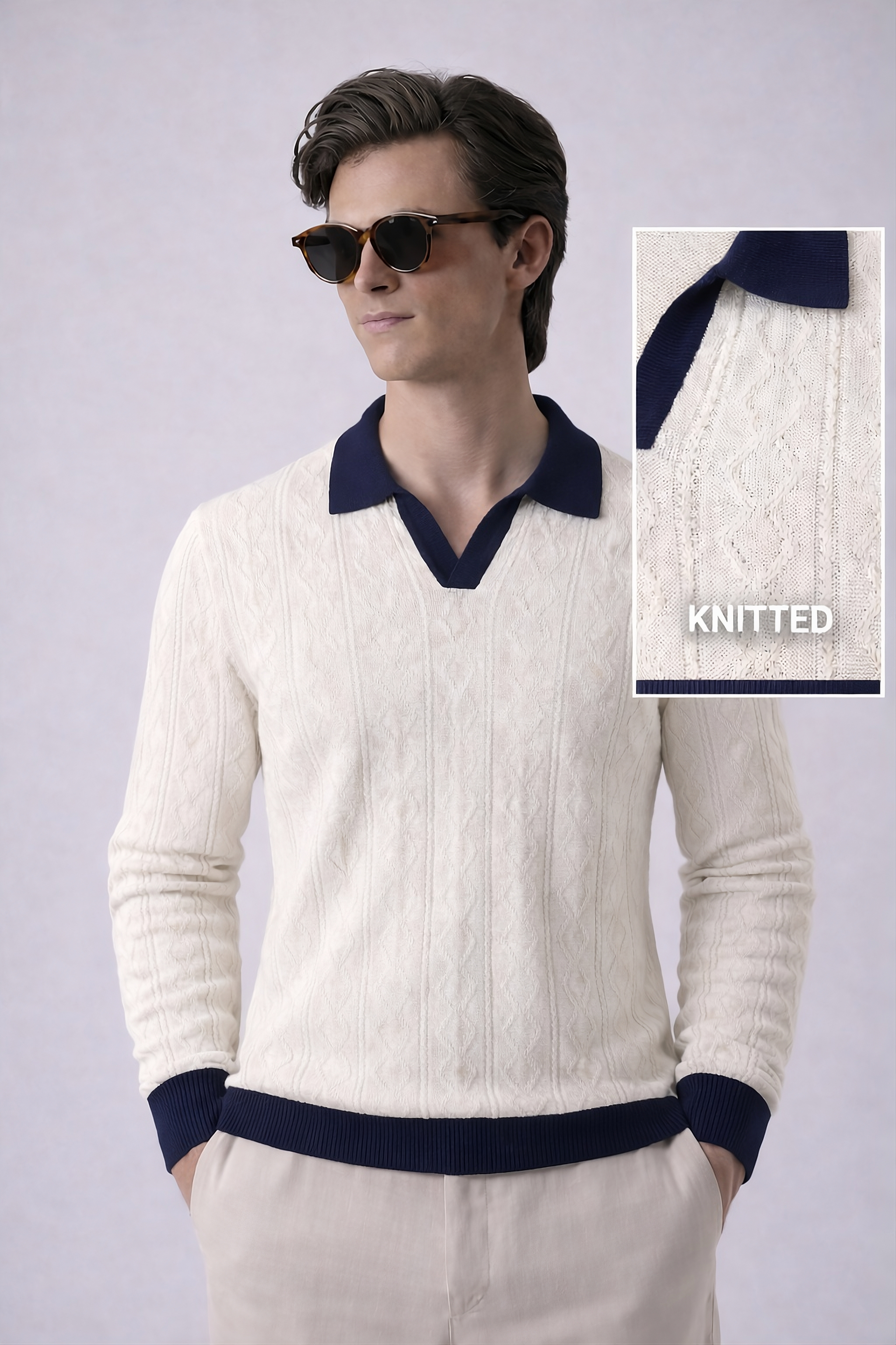 White Aran Textured Knit Polo by French Cuff
