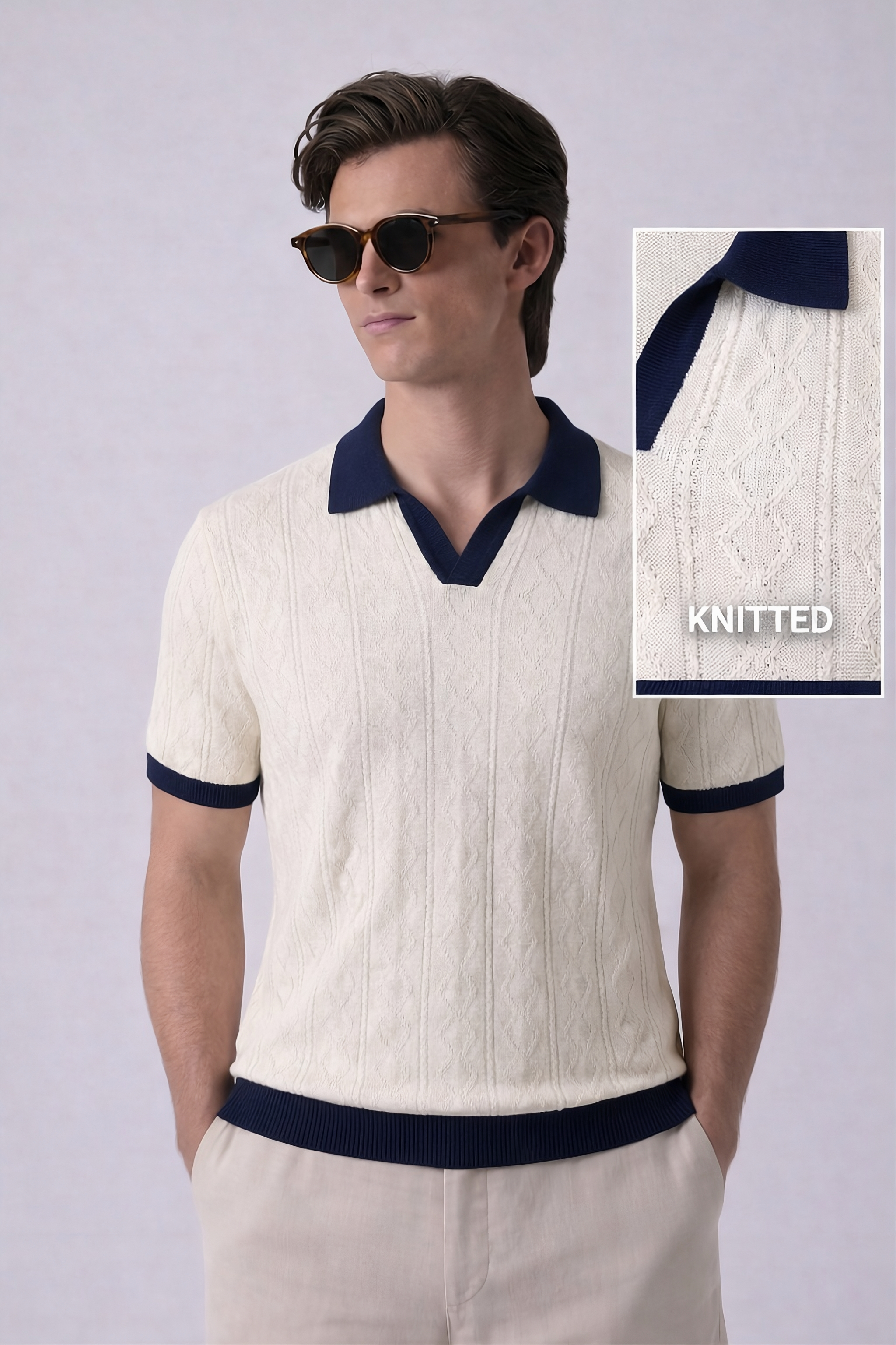 White Aran Textured Knit Polo by French Cuff