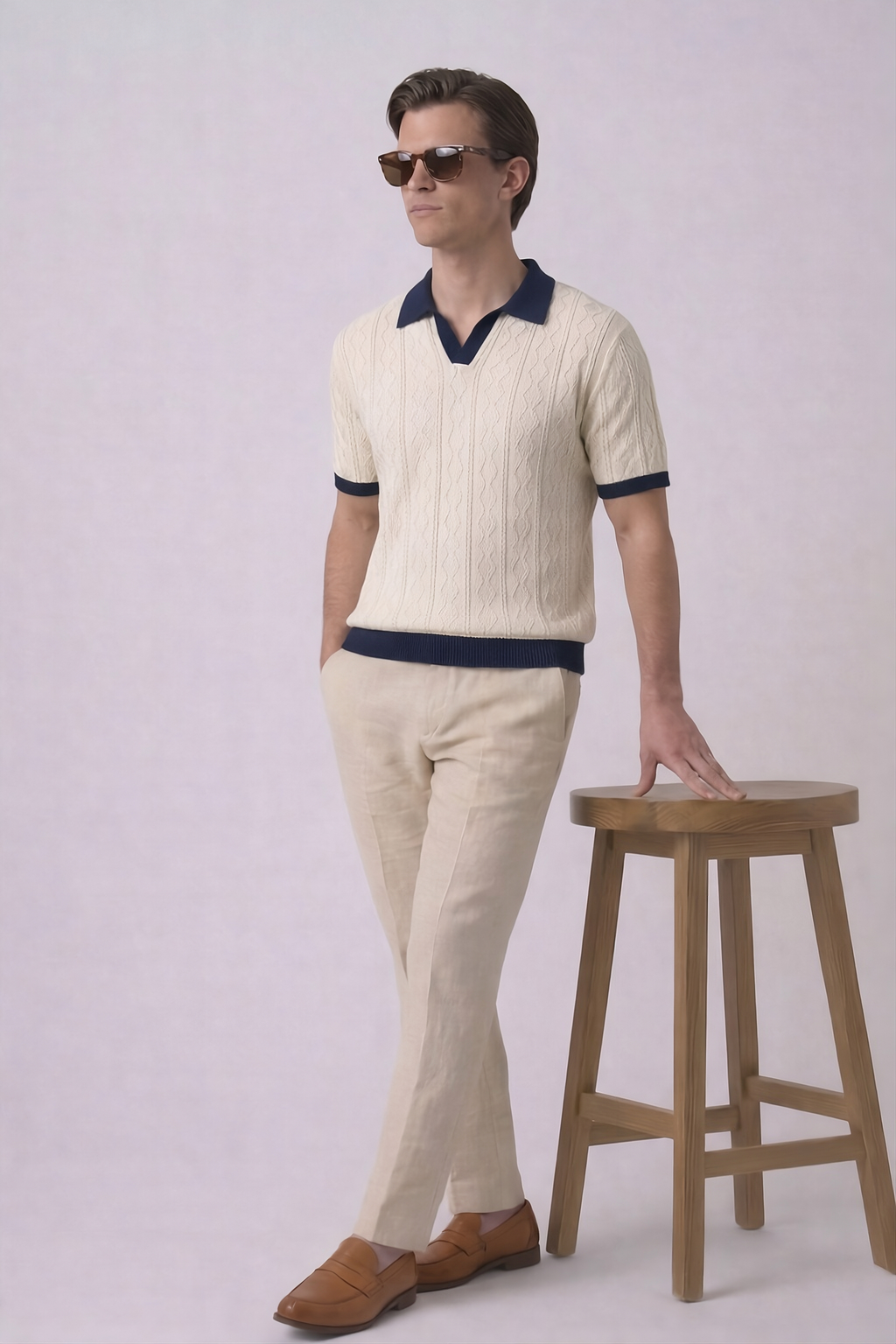 White Aran Textured Half Sleeves Knit Polo T-Shirt