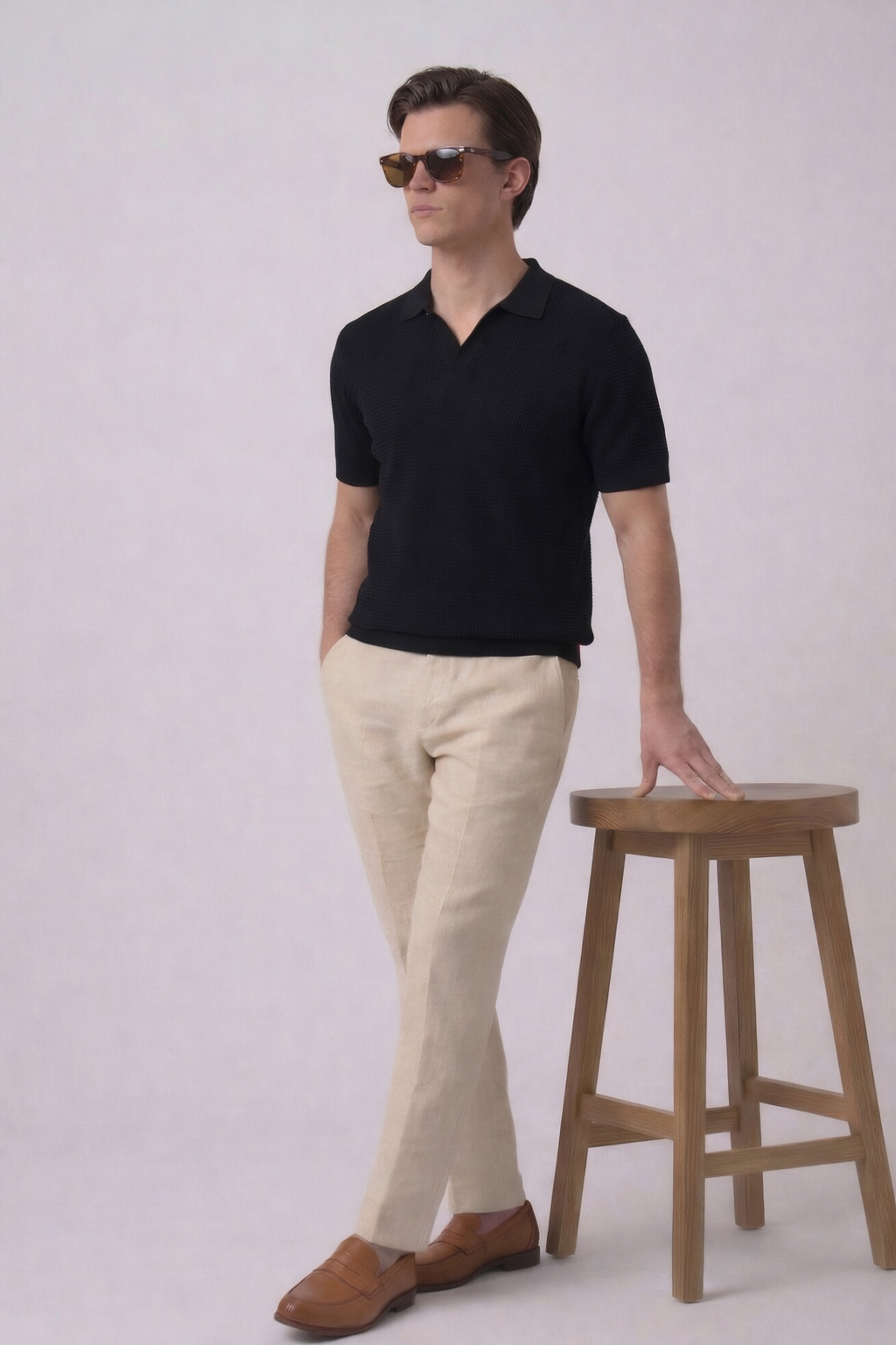 Black Textured Half Sleeves Knit Polo T-Shirt
