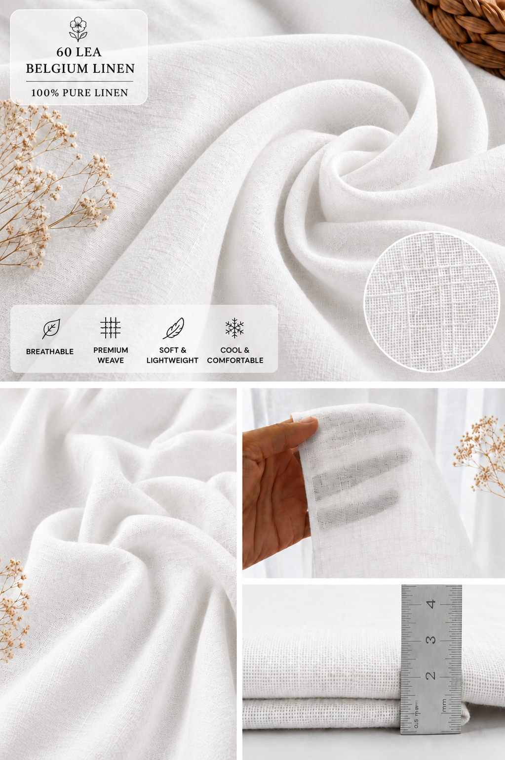 French Cuff 100% Belgium Linen White Fabric.