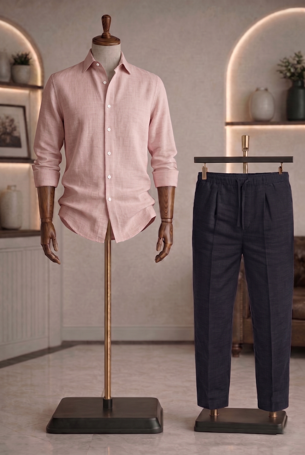 Full Sleeve Linen Pair For Men | Powder Pink Linen Shirt with Black Linen Pant by french cuff