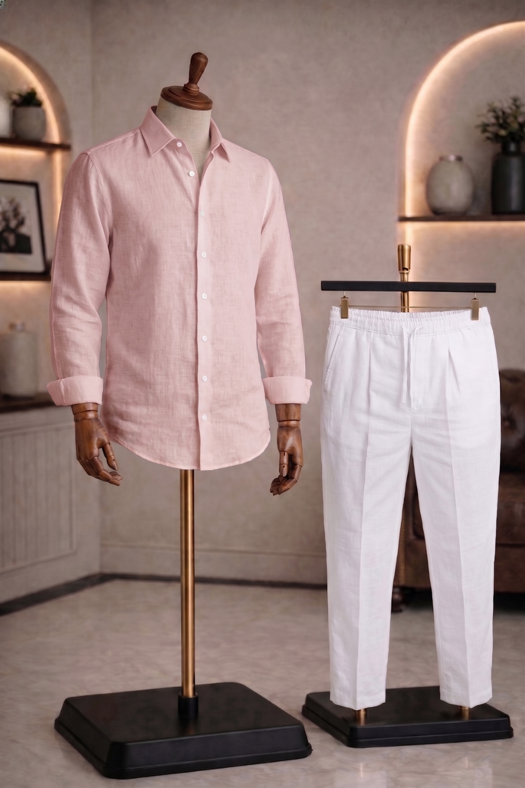 Full Sleeve Linen Pair For Men | Powder Pink Linen Shirt with White Linen Pant by french cuff