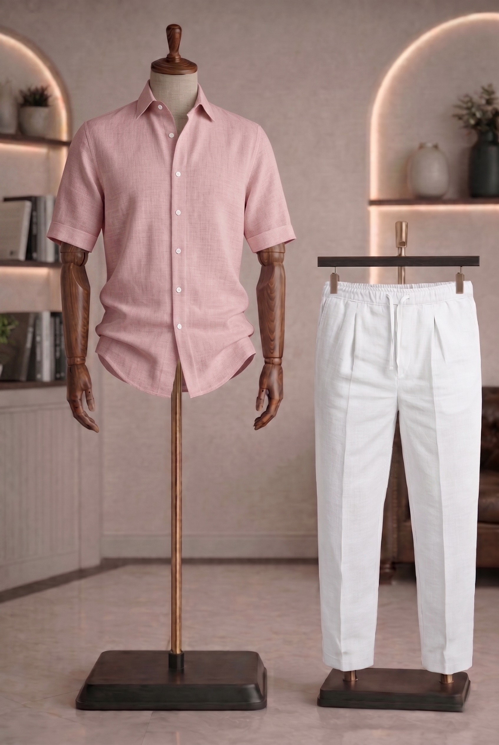 Half Sleeve Linen Pair For Men | Powder Pink Linen Shirt with White Linen Pant by french cuff