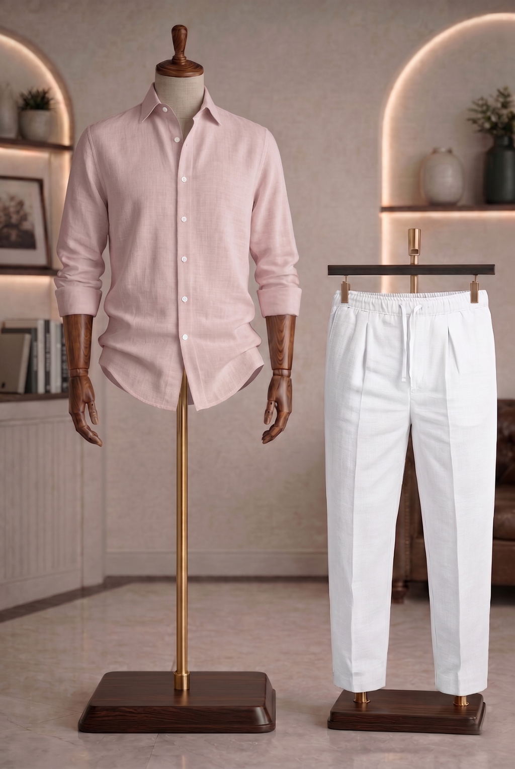 Full Sleeve Linen Pair For Men | Powder Pink Linen Shirt with White Linen Pant by french cuff