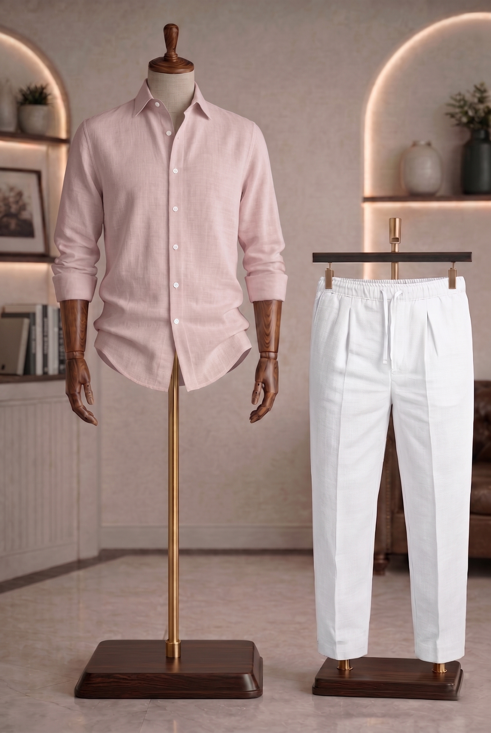 Full Sleeve Linen Pair For Men | Powder Pink Linen Shirt with White Linen Pant by french cuff