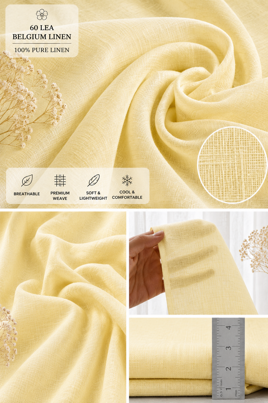 French Cuff 100% Belgium Linen Yellow Fabric